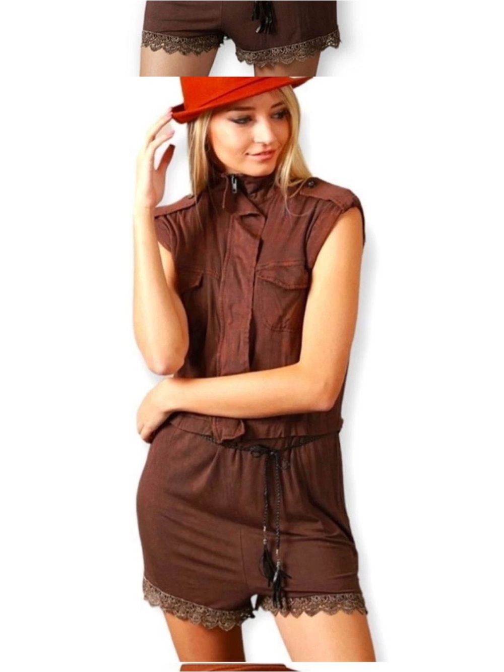 POL brown sleeveless romper with flap pockets #036 - Picture 2 of 7